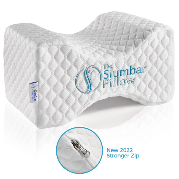 feature shot of the slumbar knee pillow displaying the new and improved zip design