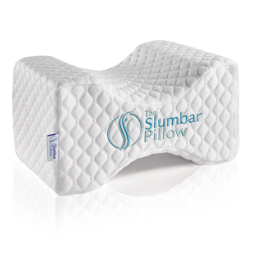Knee Pillow for back pain at a slight angle, on a white background with a slight reflection in the foreground