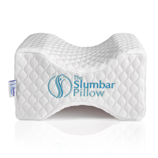 Front shot of the Slumbar knee pillow for side sleepers, on a white background with a slight reflection in the foreground