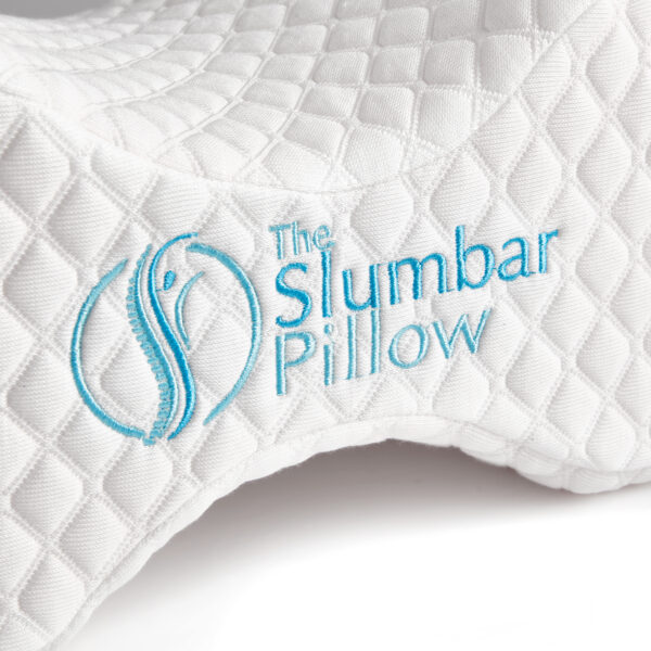 Close up of the Slumbar logo on the Knee pillow for back pain, displayed on a white background