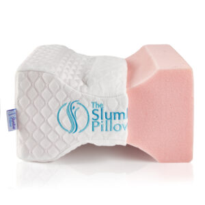Close up photo of the Slumbar Knee pillow for back pain with the cover slight removed to expose the high quality memory foam thats used to make the pillow