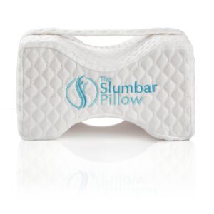 Knee pillow by slumbar with adjustable strap to help hold the knee pillow in position and reduce back pain