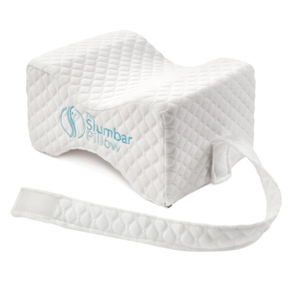 Strap on slumbar knee pillow partially removed to show how it works,