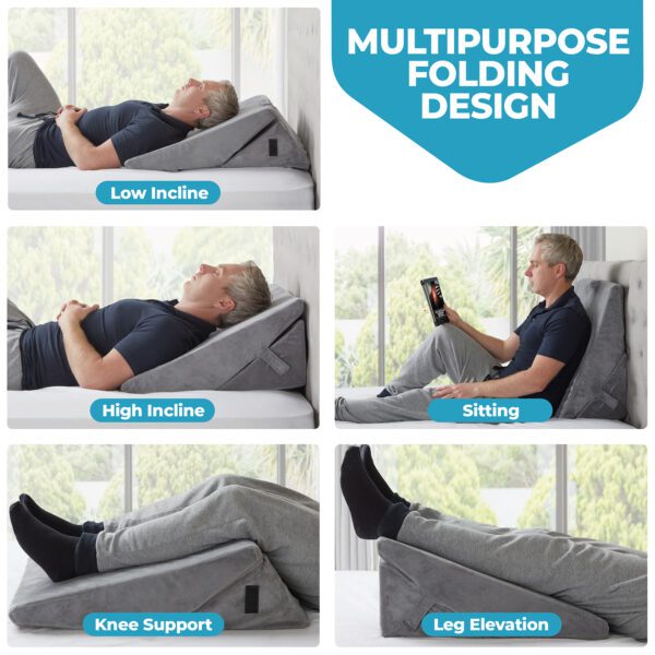 Multipurpose folding wedge pillow by slumbar, showing the various different uses for the pillow.