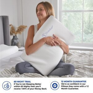 Orthopaedic neck pillow being held by a young women on a bed