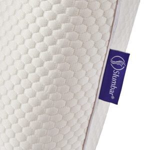 Slumbar label being displayed on the luxury memory foam pillow